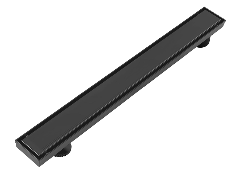 Matte Black Linear Shower Drain – 24-Inch Stainless Steel Long Floor Drain with Hair Strainer & Leveling Feet