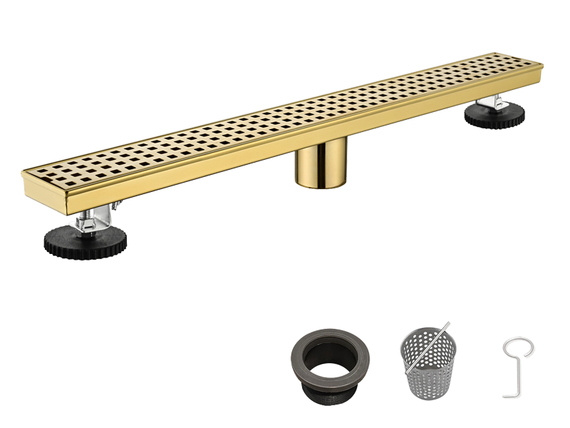 Brushed Gold 24-Inch Linear Shower Drain with Removable Hair Strainer & Lifting Key
