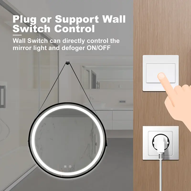 Modern 32-Inch Round Bathroom LED Vanity Mirror with Hanging Strap, Anti-Fog Heating, and 3-Color Dimmable Lighting