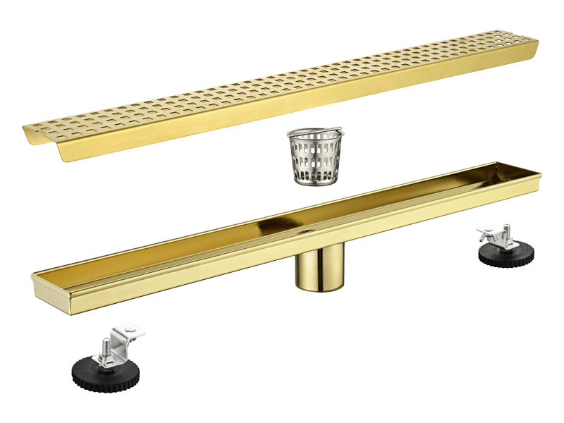 Brushed Gold 24-Inch Linear Shower Drain with Removable Hair Strainer & Lifting Key