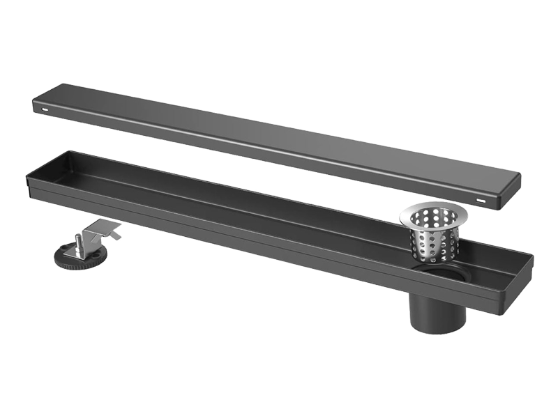 Matte Black Linear Shower Drain – 24-Inch Stainless Steel Long Floor Drain with Hair Strainer & Leveling Feet