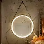 Modern 32-Inch Round Bathroom LED Vanity Mirror with Hanging Strap, Anti-Fog Heating, and 3-Color Dimmable Lighting