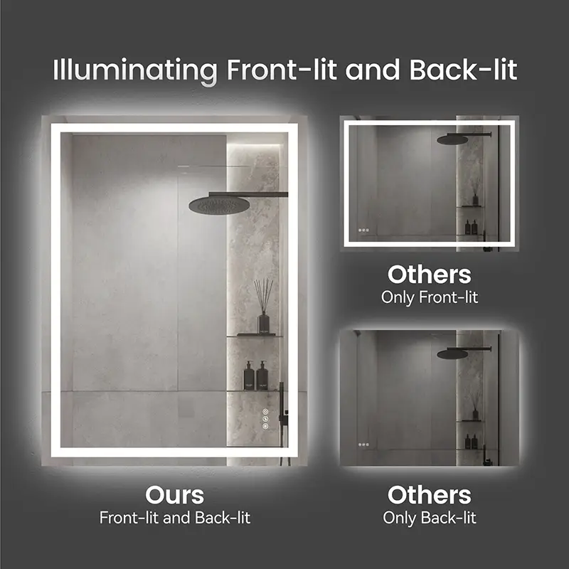 Modern 24″ x 36″ Rectangle Shaped LED Vanity Mirror with Dual Front-lit & Back-lit Illumination and Shatterproof Tempered Glass
