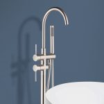 Floor-Mounted Freestanding Bathtub Faucet with Handheld Shower Spray and Reinforced Tripod Base