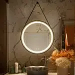Modern 32-Inch Round Bathroom LED Vanity Mirror with Hanging Strap, Anti-Fog Heating, and 3-Color Dimmable Lighting
