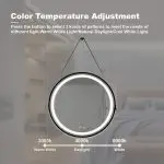 Modern 32-Inch Round Bathroom LED Vanity Mirror with Hanging Strap, Anti-Fog Heating, and 3-Color Dimmable Lighting