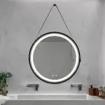 Modern 32-Inch Round Bathroom LED Vanity Mirror with Hanging Strap, Anti-Fog Heating, and 3-Color Dimmable Lighting