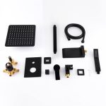 Matte Black Ceiling Mounted Rain Shower System with 10-Inch Square Overhead Spray, Handheld Wand, and Waterfall Tub Spout