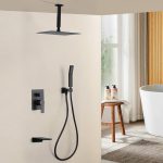 Matte Black Ceiling Mounted Rain Shower System with 10-Inch Square Overhead Spray, Handheld Wand, and Waterfall Tub Spout