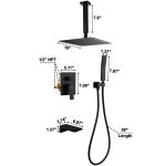 Matte Black Ceiling Mounted Rain Shower System with 10-Inch Square Overhead Spray, Handheld Wand, and Waterfall Tub Spout