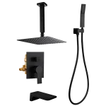 Matte Black Ceiling Mounted Rain Shower System with 10-Inch Square Overhead Spray, Handheld Wand, and Waterfall Tub Spout