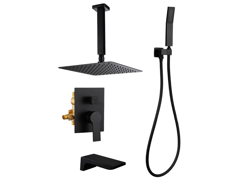 Matte Black Ceiling Mounted Rain Shower System with 10-Inch Square Overhead Spray, Handheld Wand, and Waterfall Tub Spout