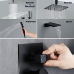 Matte Black Ceiling Mounted Rain Shower System with 10-Inch Square Overhead Spray, Handheld Wand, and Waterfall Tub Spout