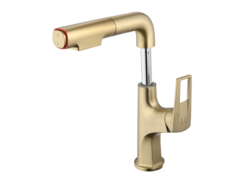Modern Brushed Gold Pull-Out Bathroom Sink Faucet