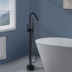Matte Black Freestanding Tub Filler with Hand Shower, Single Handle Floor Mount Tub Faucet