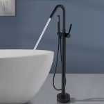 Matte Black Freestanding Tub Filler with Hand Shower, Single Handle Floor Mount Tub Faucet